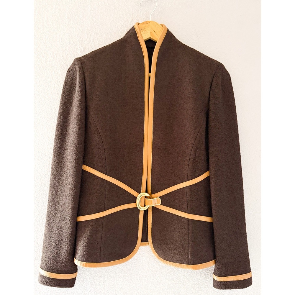 Vintage St. John Collection Brown Equestrian Jacket Leather Trim Gold Buckle 4/6